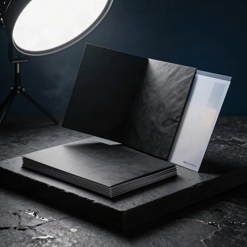 Kit de campaña publicitaria en carpeta negra, fichas y funda de presupuesto sobre fondo oscuro.