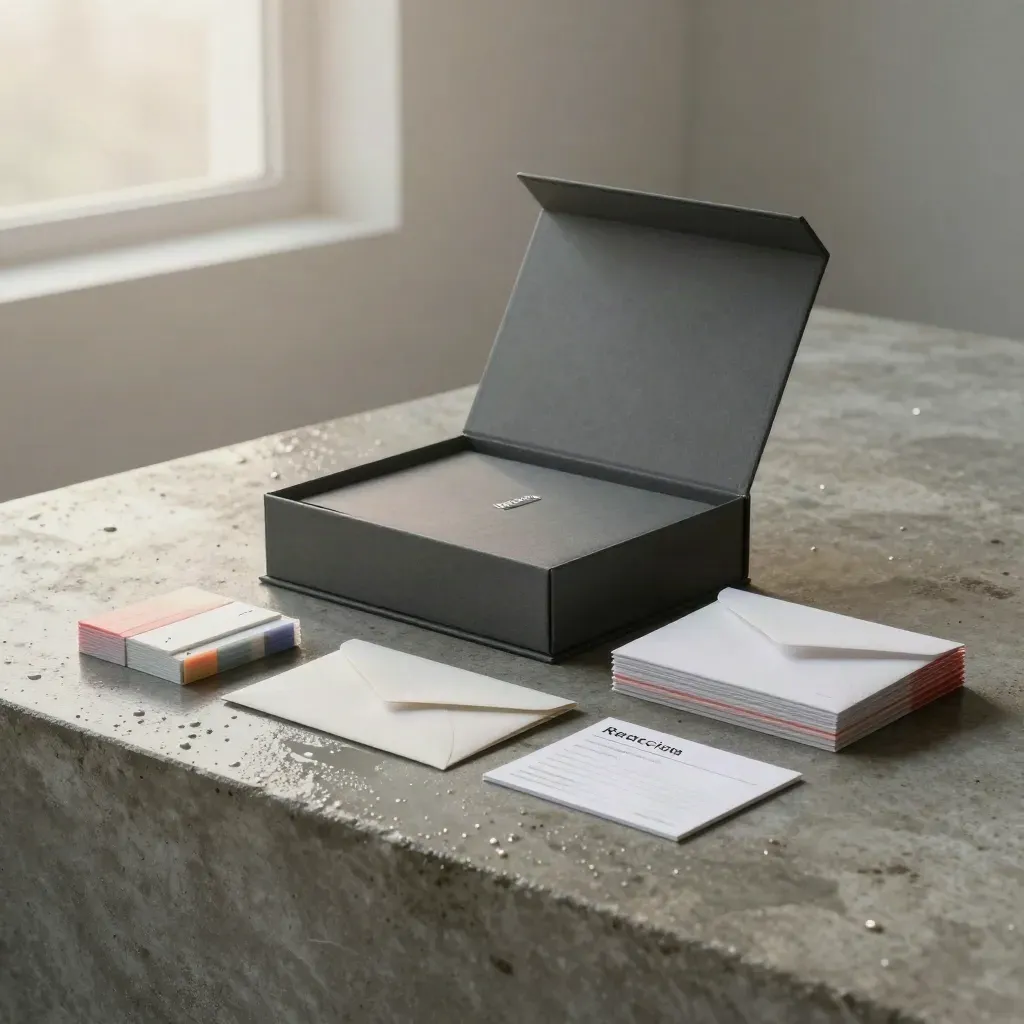 Kit mensual de respuesta en carpeta carbón sobre plinto, con papeles, tarjetas y sobre sellado.