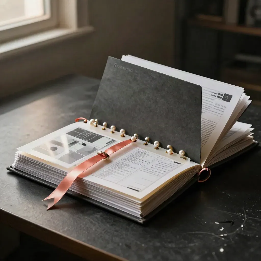 Carpeta abierta con tarjetas de diagnóstico y cinta coral sobre fondo oscuro con luz dramática.