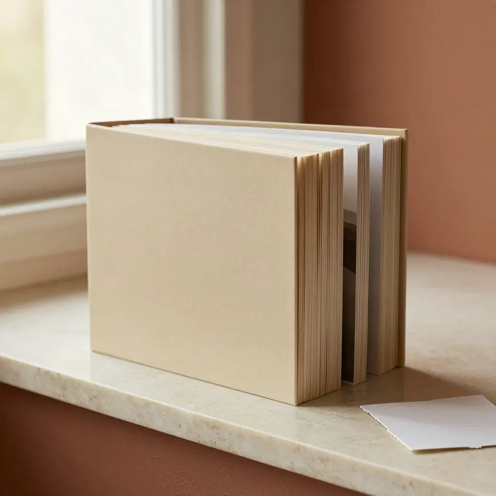 Carpeta vertical de landing de venta sobre travertino, con luz suave y fondo terracota.