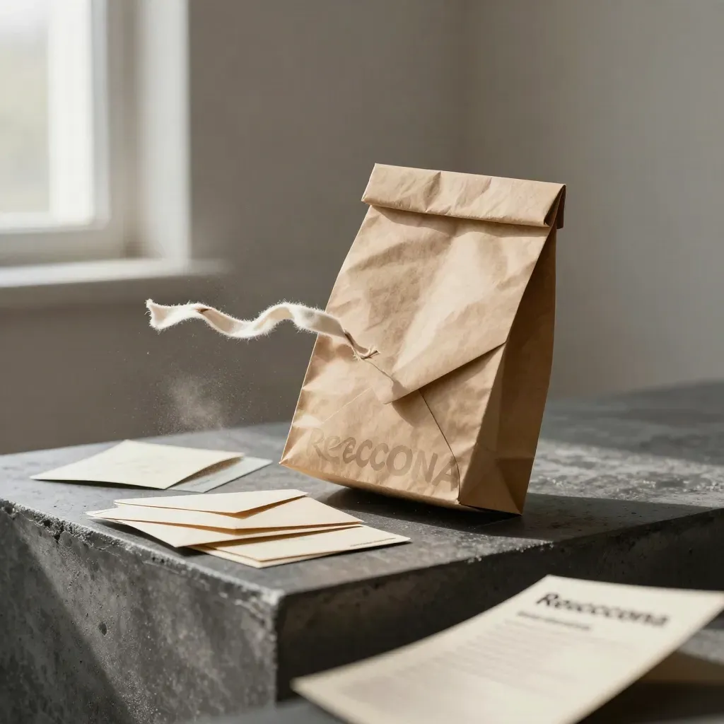 Paquete kraft con sobres y tarjetas en abanico sobre piedra oscura, con brisa suave y luz lateral.