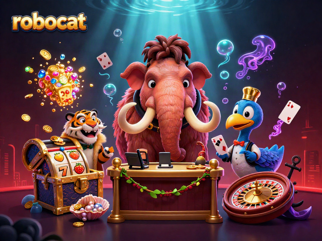 Engage with robocat at a vibrant casino scene filled with dynamic playing cards and vibrant slot reels.