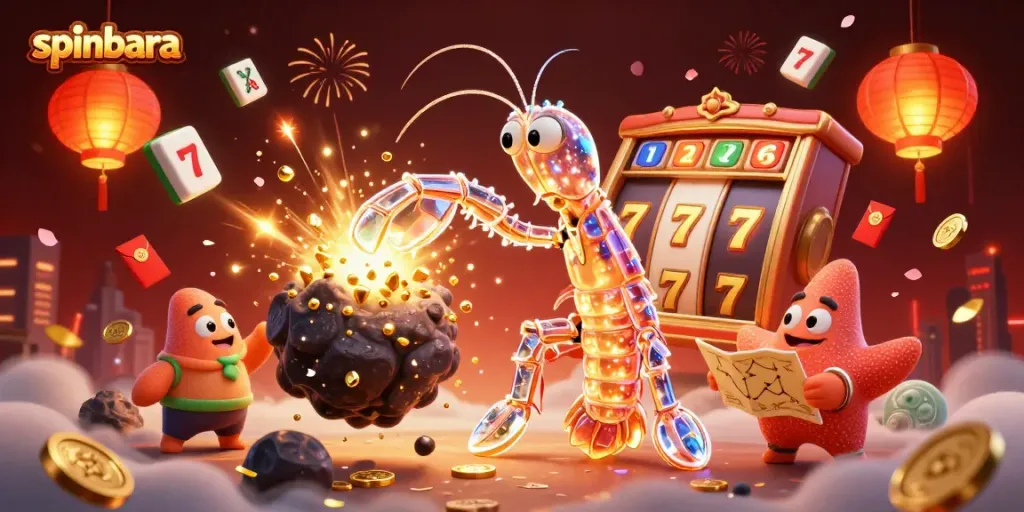Spinbara casino scene showcasing a galactic samurai amidst exploding gems and dynamic slot reels.