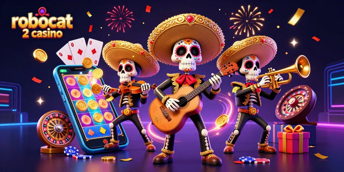 Spin the reels at robocat 2 casino in a vivid scene with mariachis and gaming elements.